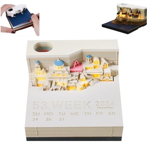 OrbhEs 3D Kalender Abreißen 2024, Schreibtischkalender Mit Lichtern, 2024 Tischkalender-Notizblock Mit Licht Und Stifthalter, Haftnotizen Kalender In Papier Schnitzen Reißbar Kreative Memo Kalender-B