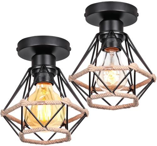 PETITES ECREVISSES 2 Stück Deckenleuchte Industrial Vintage Deckenlampe Retro E27 Hängeleuchte mit Hanfseil und Metall Design Pendelleuchte Schwarz Hängelampe 160mm für Esstisch Küche Esstisch