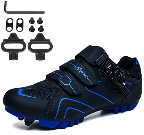 NGARY Fahrradschuhe MTB Herren, Mountainbike Schuhe kompatibel mit SPD 2 Schrauben mit Cleats, Unisex Radsportschuhe Draussen,Black Blue,45 EU