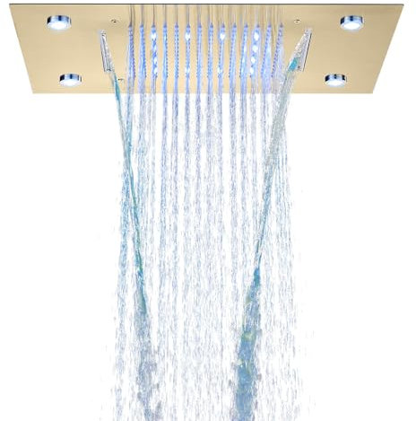 TVTIUO Cabezal de Ducha Tipo Lluvia, Cabezal de Cucha Cuadrado Fijo, Cabezal de Ducha Giratorio con Mando a Distancia LED (49 x 35 cm) Color Oro Cepillado