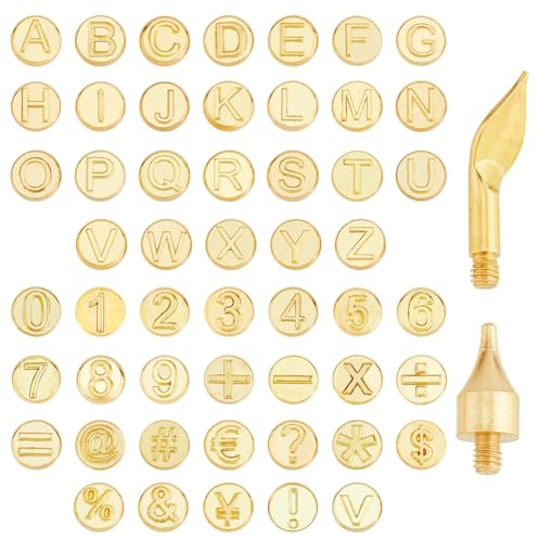 DICOSMETIC 56Pcs Wood Burning Tip Number Letter Pattern Carving Tool Golden Brass Soldering Iron Wood Burning Tips Embossing Burning Tips Mold Carving Set for DIY Pyrography Carving Crafts