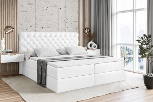 ALTDECOR Boxspringbett mit Matratze und Lattenrost, Boxbett, Topper, Polsterbett mit Bettkasten, Bett mit Stauraum H4-Matratze, Doppelbett, Springboxbett - BOXI8-180x200 - Weiß Kunstleder