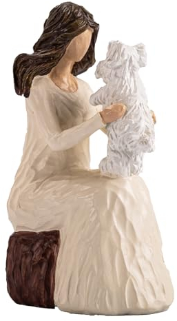 Elegondrar Westie Frau mit Hund, Geschenke für Hundeliebhaber, ideal für Geburtstag, Erntedankfest, Weihnachten, weiße handbemalte Skulptur für Zuhause, Büro, Tischregal, Dekor