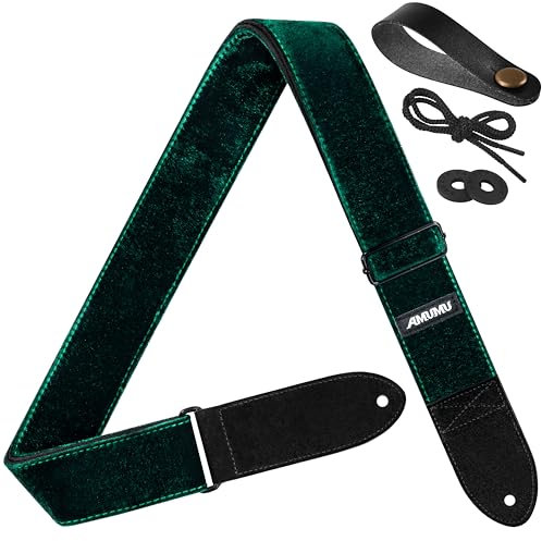 Amumu Beflockter Samt-Gitarrengurt mit Mikrofaser-Leder-Enden, Gitarrenzubehör, passend für Akustik-, Bass- und E-Gitarre, Grün