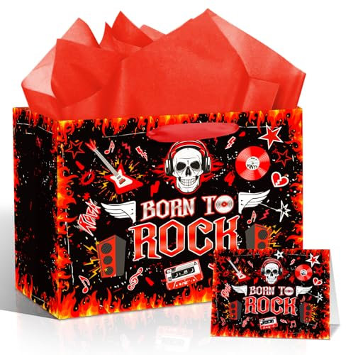 Rock Geburtstag Geschenktüte für Männer Frauen Rocking Musik Geschenktüte für Jungen Mädchen mit Karte Seidenpapier, Skelett Schädel Geschenkpapier Tasche für Gitarre Rock and Roll Party Dekorationen