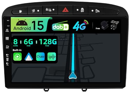 BXLIYER Android 15 | Eingebaut 4G LTE & DAB | Autoradio für Peugeot 308/408 (2010-2016)| 6G+128G | Carplay Android Auto | Kamera + MIC | Lenkradsteuerung | Dual Band WiFi | QLED 9 Zoll | 8-Core 2 Din