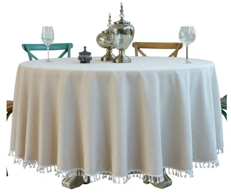 BCughia Tischdecke 200CM Beige, Tischdecke Innenbereich Wasserabweisend Rund Baumwolle Leinen Einfarbig mit Quasten Tischtuch für Indoor, Outdoor, Essen, Küche