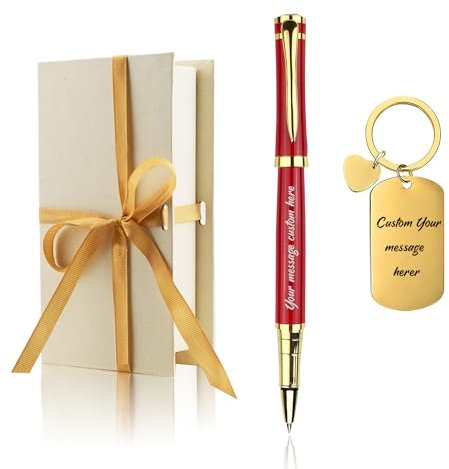 Stylo personnalisé avec porte-clés personnalisé, ensemble de stylos de luxe avec pochette à stylo et carte cadeau – Gravé avec votre message, nom d'entreprise, numéro de téléphone, cadeau pour homme
