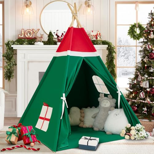 WIRHAO Tipi Zelt für Kinder mit gepolsterter Matte Baumwolle Canvas Tipi Kinder Zelt mit Pompom Indoor Kinderzelt für Mädchen Jungen mit Sternen Lichter, Tragetasche, Banner Flagge(Weihnachten