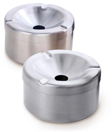 DOCBLACK Stainless Steel Ashtray with Lid, Windproof Cigaratte Ash Tray for Outdoor Indoor, Silver Metal Ashtray Bin Ash Holder, Brushed Finish and Smooth Edge, Easy to Clean, Set of 2