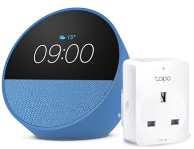 Echo Spot | Ocean Blue + TP-Link Tapo P110M Smart Plug with Energy Monitoring, Works with Alexa - Smart Home Starter Kit