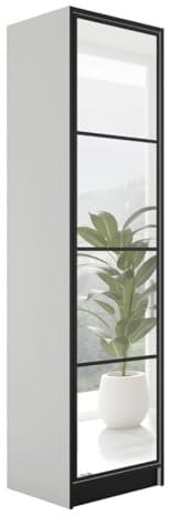 KIER FURNITURE Kleiderschrank mit Spiegel - Schmaler Schrank - 53 cm breit, 205 cm hoch - Garderobenschrank Flur Schlafzimmer - 1 Tür, Ausziehbare Kleiderstange, Push to Open System - Weiß