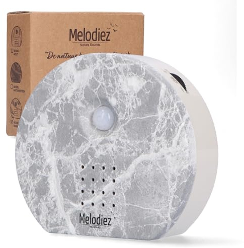 Melodiez Vogelgeräusche Hütte mit Sensor - Box Inkl. Batterien und 4 natürlichen Vogel, Ozean und Dschungel Geräusche - Vogelhaus mit Sound - Haus oder WC (Marmor, Kompaktes Design)