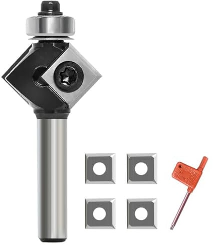 GLRYD Fraise à chanfreiner à 45 degrés avec tige de 8 mm, avec 4 plaques réversibles, bordure Bevel et lame interchangeable, pour couper un chanfrein à 45 degrés sur le bord du bois