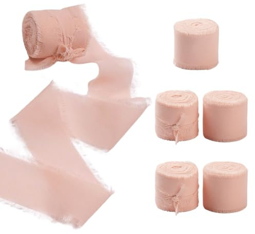 CABODYALS 42 Yards 1.5 Zoll Rosa Chiffonband Fransenbänder Rustikales Lachs Polyester Rohe Ausgefranste Seidenstoffbänder Masse Für Geschenkverpackungen Hochzeitseinladungen Brautsträuße Weihnachtsdek