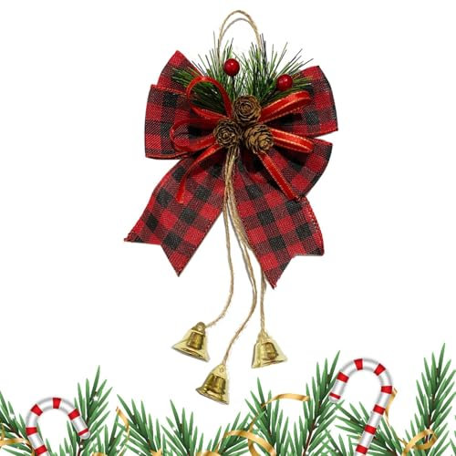 Cinta de árbol de Navidad, gran lazo con piña de abeto artificial y adornos en S - Decoración rústica de puerta de entrada de granja para vacaciones de invierno Festival de Navidad