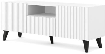 Homlando TV Schrank Ravenna B 150 cm 2D1S - WEIß MATT - mit Schwarzen Beinen Unterschrank - Fernsehschrank - TV Board - Sideboard mit gefräster fronten