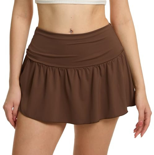 Eisnnu Damen Minirock Tennisrock Skort Elastische Taille Solide Hosenrock Kurz Rock mit Hose Sommer Skater Röcke Golf Sportrock (DE/NL/SE/PL, Alphanumerisch, S, Regular, Regular, Braun)