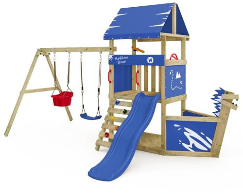 Wickey Spielturm DinkyHouse Piratenschiff - Blaue Rutsche & Plane - Kinder Kletterturm für den Garten aus Massivholz - 372x317x247 cm