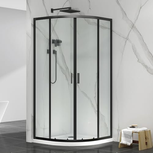 Box Doccia Angolare 90X90 Semicircolare In Cristallo Temperato Trasparente H 195 Cm, Doppia Porta Scorrevole Con Profilo Nero E Installazione Reversibile Linea Tay