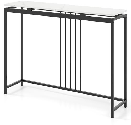 COSTWAY 120cm Console Table, Faux Marble Sofa Side End Table, Metal Frame Narrow Hall Desk Storage Accent Table for Living Room, Bedroom, Foyer and Entryway (without Drawer and Compartments, White)