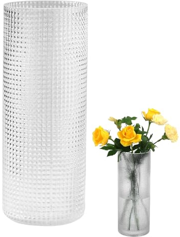 Transparent Blumenvase Modern Zylinder Glas - 25 cm Hoch Ø11cm Handgefertigte Gittervase, Groß Glasvase Durchsichtig, Vase für Tulpen Rosen Orchideen, für Home Office Hochzeit Dekor Geschenk