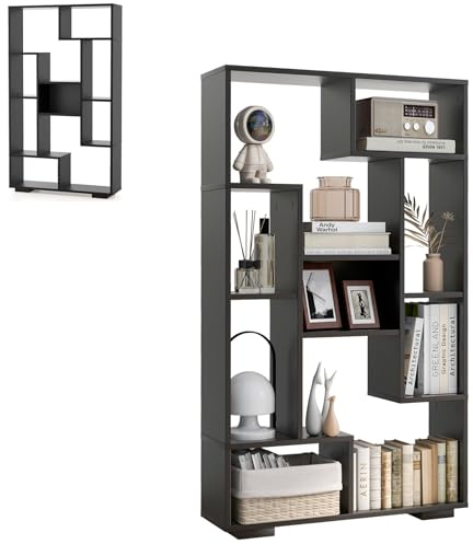 HOMASIS Libreria Scaffale con 9 Scomparti, Scaffale Aperto a Cubo, Libreria Verticale in Legno, Mobile Portaoggetti con Protezione Antiribaltamento, Divisorio per Soggiorno, 70x20x120cm (Nero)
