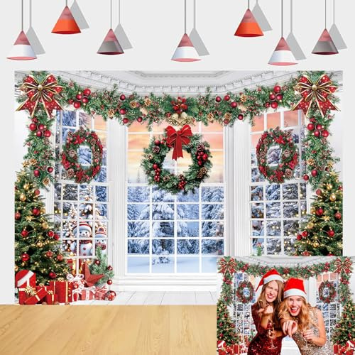 Christmas Window Backdrop Winter Snow Forest Scene Xmas Tree Snowman Photography Background Xmas New Year Party Decor Photo Props (7x5FT（210x150cm）)
