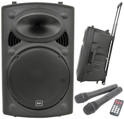 QTX | QR15PA Portable PA Speaker System with Bluetooth, TWS Stereo, Dual UHF Wireless Microphones, USB/SD/FM Media Player, Rechargeable Battery, Trolley, Compact Wireless Amplifier