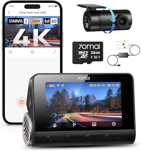 【70mai A810S Dashcam + 128GB SD Karte + UP06】 70mai 4K Dashcam A810S, HDR Dual-Kanal Dash Cam, STARVIS 2, Night Owl Vision, vorne und hinten 24/7 Parküberwachung, AI-Sensor, GPS, ADAS