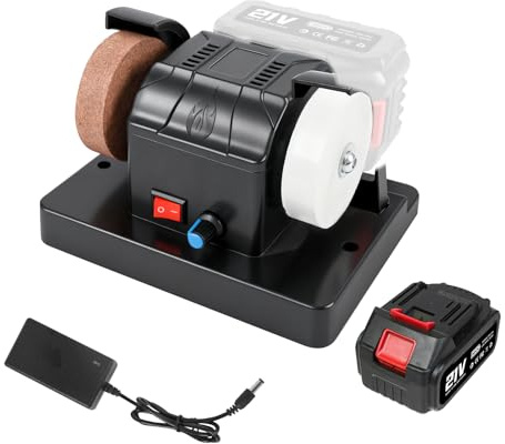 Akku-Mini-Doppelschleifer mit 3000-mAh-Akku, Drehzahl einstellbar von 0 bis 7000 U/min, mit Schleifscheiben der Körnung 80/120 für Metall, Holz, Messer und zum Polieren von Schmuck (EU)