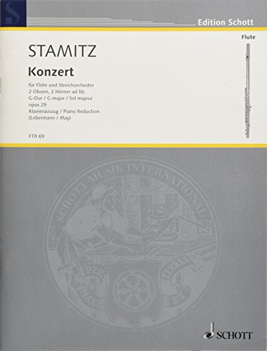 Konzert G-Dur: op. 29. Flöte und Streichorchester, 2 Oboen, 2 Hörner ad libitum. Klavierauszug mit Solostimme. (Edition Schott)