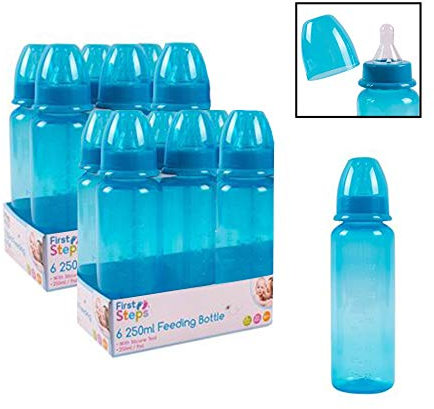 Pack of 12 Baby Bottles Silicone Teat Blue 250ml BPA Free Set Re-usable Plastic