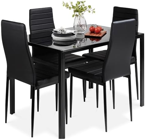 Best Choice Products - Juego de Mesa de Comedor de 5 Piezas con Tapa de Cristal y 4 sillas de Piel, Color Negro