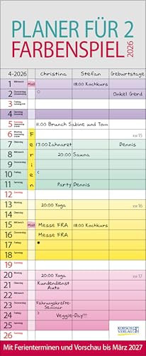 Farbenspiel - Planer für 2 2026: Familienplaner mit 3 breiten Spalten. Familienkalender mit farbigen Wochen, Ferienterminen, Vorschau bis März 2027.