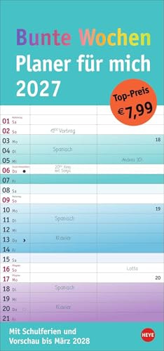 Bunte Wochen Planer für mich 2027: Praktischer Wandplaner mit 2 Spalten. Wandkalender mit Schulferien und 3-Monats-Ausblick aufs Folgejahr. Terminkalender 2027 zum Eintragen.