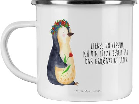 Mr. & Mrs. Panda Camping Emaille Tasse Pinguin Blumen - Geschenk, Pinguine, Camping Becher Edelstahl, Tasse Camping, Kaffee Blechtasse, Trinkbecher,