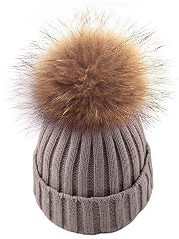 feifanshop Damen Echtfell Waschbär Fell Pelz Bommel Strick Mütze Winter-Mütze Bommelmütze