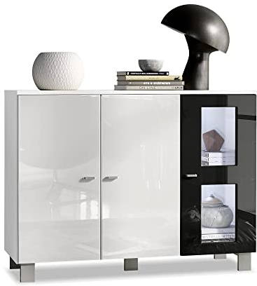 Vladon Sideboard Denjo, Made in Germany, Kommode mit 3 Türen, Weiß matt/Weiß Hochglanz/Schwarz Hochglanz, inkl. LED-Beleuchtung (107 x 81 x 35 cm)