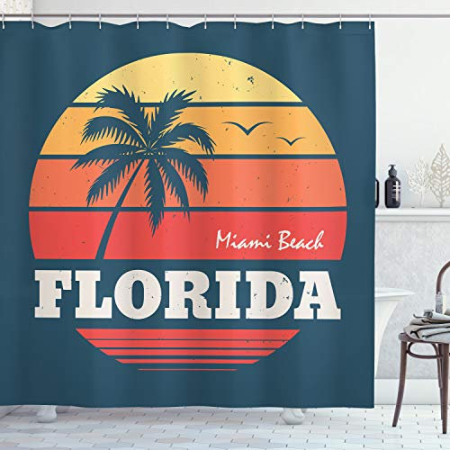 ABAKUHAUS Florida Duschvorhang, Abstrakt Miami Sunset, Stoffliches Gewebe Badezimmerdekorationsset mit Haken, 175 x 200 cm, Blaugrau und Mehrfarbig