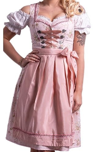 Golden Trachten - Robe Dirndl 3 pièces pour femme avec tablier et chemisier Rose à fleurs fines 538GT - Rose - 34