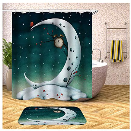 Daesar Badematten WC Vorleger 40x60 Mond mit Wecker Duschvorhang 150x200 cm Antischimmel, Badezimmerteppich Set 2 Teilig