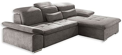 Stella Trading WAYNE Ecksofa mit Schlaffunktion, Stoffbezug Schlamm - Ausziehbare Eckcouch mit verstellbaren Armlehnen und Kopfteilen - 276 x 81(104) x 188 cm (B/H/T)