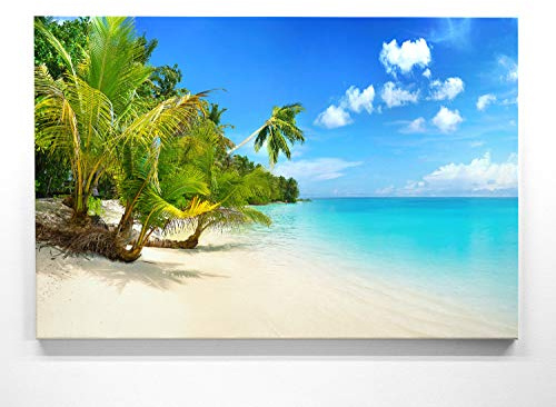 Atemberaubendes Bild Strand & Palmen Malediven - als 100x75cm große XXL Leinwand. Tolles Wandbild als Hintergrund und Deko für Wohnzimmer & Schlafzimmer. Fertig aufgespannt auf 4cm Holz-Keilrahmen