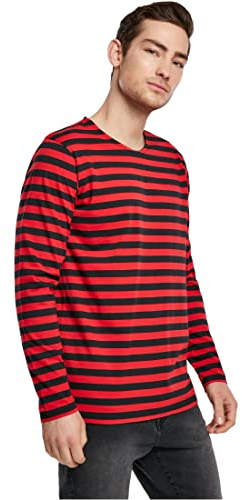Urban Classics Herren Regular Stripe LS – Langarm T-Shirt im Regular Fit aus Baumwolle, gestreiftes Basic Oberteil mit Rundhalsausschnitt für Freizeit, Alltag & entspannte Looks,Firered/Blk,M