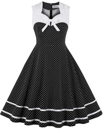 AXOE Damen Petticoat Kleid Rockn Roll Abendkleid 50er Jahre Knielang Schwarz Weiß Punkte Gr.42/44, XL