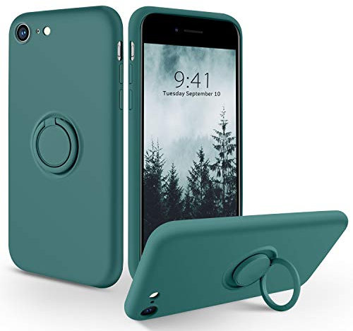 SouliGo for iPhone SE (2020&2022)/iPhone 8/7 Case Silicone Soft Gel Rubber with 360° Ring Holder Kickstand【Compatible Magnetic Car Mount】 Slim Protective Shockproof Phone Cover - Midnight Green