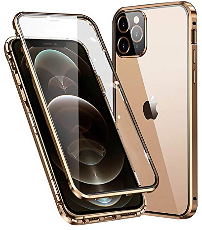 Coque Compatible avec iPhone 12, Adsorption Magnétique Métal, Avant et Arrière Verre Trempé Couverture de Plein écran Couverture à 360 degrés Protection Cover pour Apple iPhone12 6,1 Pouces, Or
