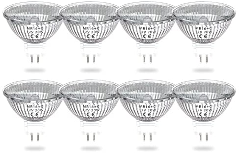 Luxvista 20W MR16 Reflektor Halogenlampe, DC 12V GU5.3 Lamp Sockel Dimmbar Warmweiss 2800K Scheinwerferlampen, 2-pin Sockel 320Lumen mit Glasabdeckung für Landschaft, Schienenlicht 8 Stück