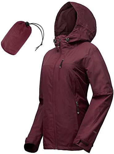 33.000ft Veste de pluie pour femme,Imperméable,Respirante,Automne,Veste de mi-saison,Veste légère avec capuche,Coupe-vent pour la randonnée, les voyages, le trekking vélo, rouge bordeaux, 36